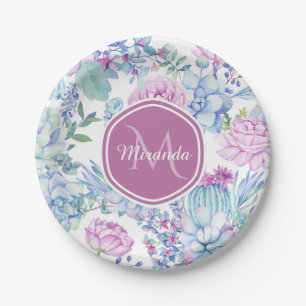 Elegantes lila und blaues saftiges Blumen mit Pappteller