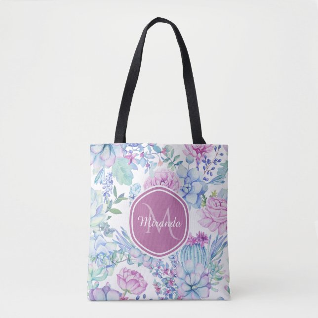 Elegantes lila und blaues saftiges Blumen mit Tasche (Vorderseite)