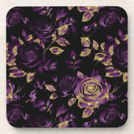 Elegantes Lila und Gold Rose Blumenmuster Getränkeuntersetzer