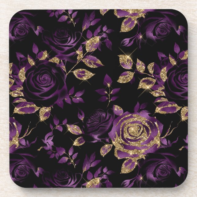 Elegantes Lila und Gold Rose Blumenmuster Getränkeuntersetzer (Vorderseite)