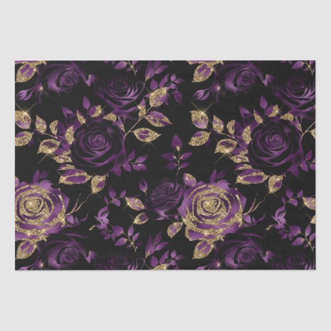 Elegantes Lila und Gold Rose Blumenmuster Seidenpapier (Vorderseite)