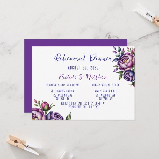 Elegantes Lila und Magenta Peony Probe Dinner Einladung (Vorderseite/Rückseite Beispiel)