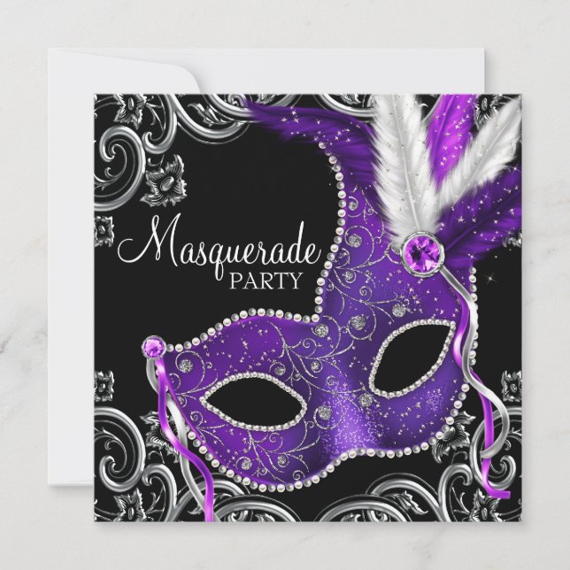 Elegantes Lila und schwarzes Masquerade-Party Einladung (Vorderseite)