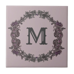 Elegantes Lila und Silver Gerahmtes Monogramm Fliese