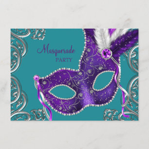 Elegantes Lila und Türkis-Blau-Maskerade-Party Einladung