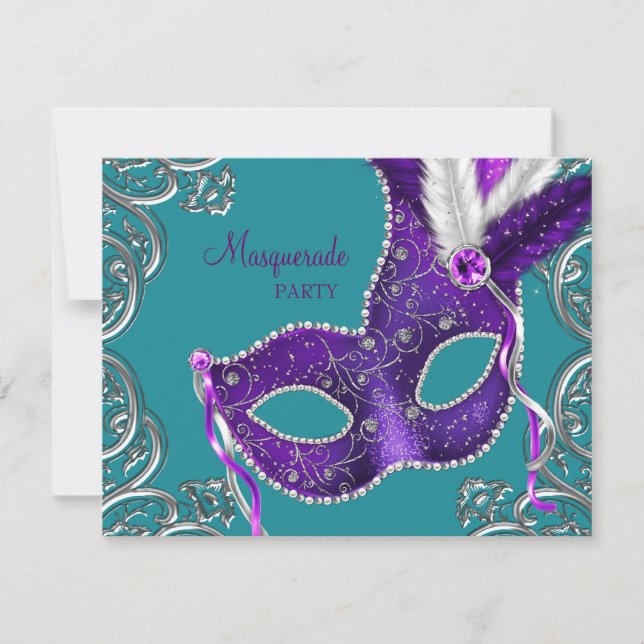 Elegantes Lila und türkisfarbenes blaues Masquerad Einladung (Vorderseite)