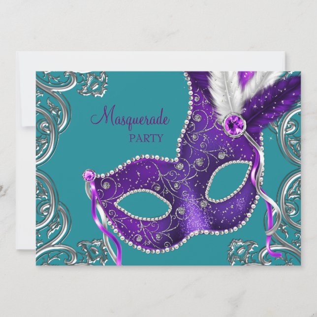 Elegantes Lila und türkisfarbenes blaues Masquerad Einladung (Vorderseite)