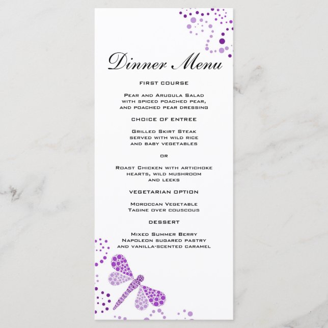 Elegantes Lila und weißes Dinner-Menü für Libellen Menükarte (Vorderseite)