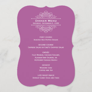 Elegantes lila-violettes Hochzeitsmonogramm-Dinner Menükarte