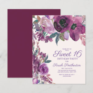 Elegantes lila Wasserfarben-Blumen-Sweet-16-Mädche Einladung