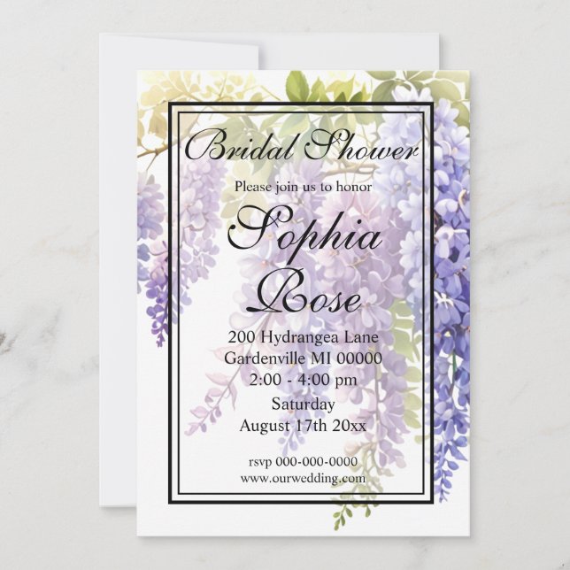 Elegantes lila Watercolor Wisteria Brautparty Einladung (Vorderseite)