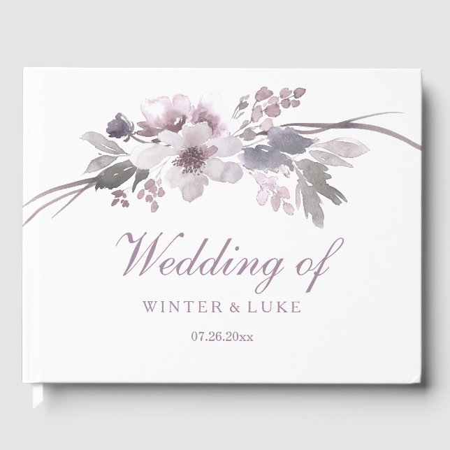 Elegantes Lila Winter Floral Wedding Gästebuch (Vorderseite)