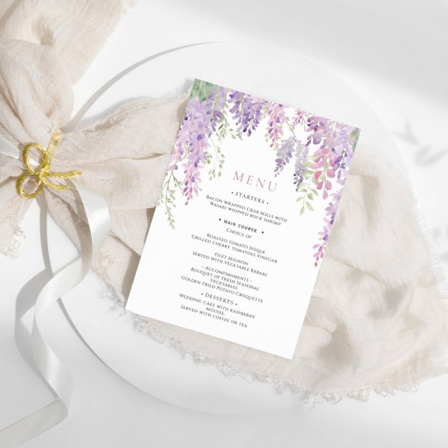 Elegantes Lila Wisteria Blume Wedding Menu Menükarte (Von Creator hochgeladen)