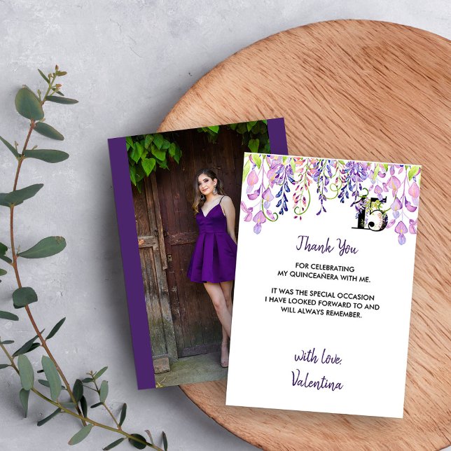 Elegantes Lila Wisteria Quinceanera Foto Dankeskarte (Photo Thank You Card from my Purple Wisteria Quinceanera Collection
)