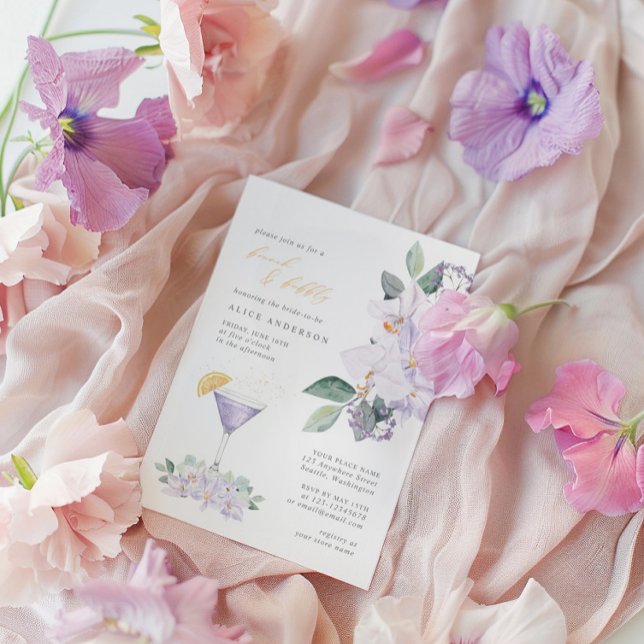 Elegantes Lilac Floral Brunch & Bubbly Brautparty Einladung (Elegant Lilac Floral Brunch & Bubbly Bridal Shower Invitation)