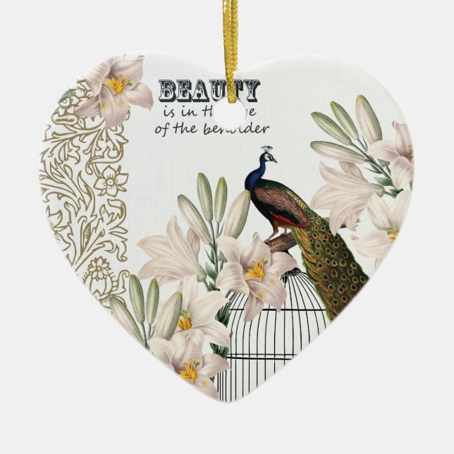 Elegantes Lilien-Pfau-Herz Keramik Ornament (Vorne)