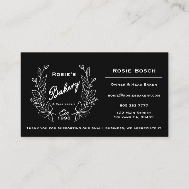 Elegantes Logo für Schwarz-weiße Bäckerei Visitenkarte (Vorderseite)