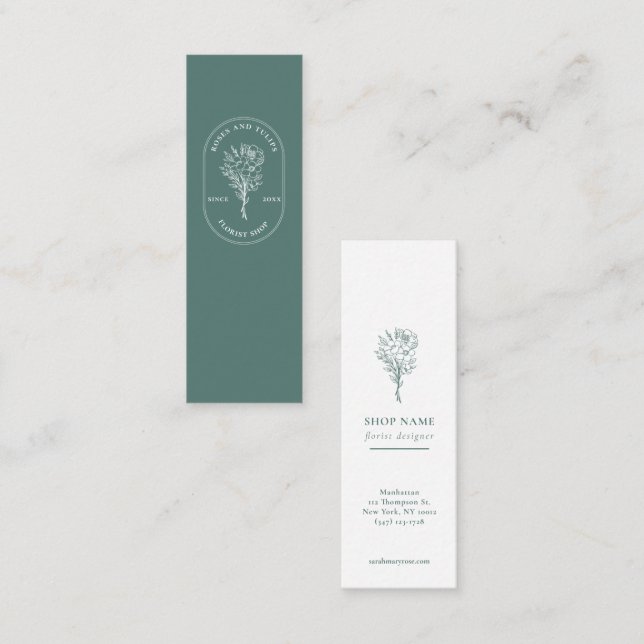 Elegantes Logo Grün weiß Florist Minimalistisch Mini Visitenkarte (Vorne/Hinten)