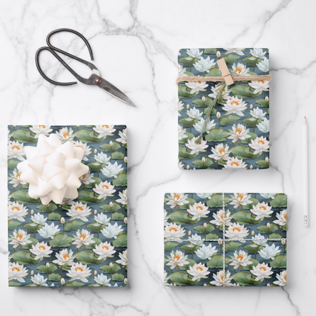 Elegantes Lotus-Blume-Fliesenmuster Geschenkpapier Set (Vorderseite)