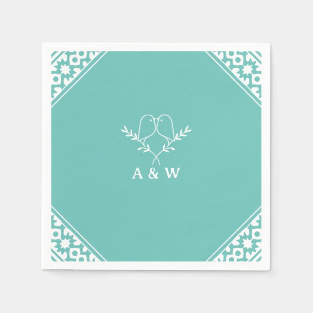 Elegantes Lovebirds Monogramm in Aquamarin Serviette (Vorderseite)