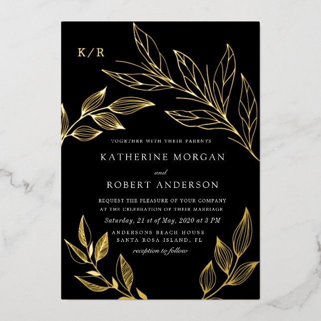 Elegantes luxuriöses Blatt Hochzeitfolie Einladung (Vorderseite)