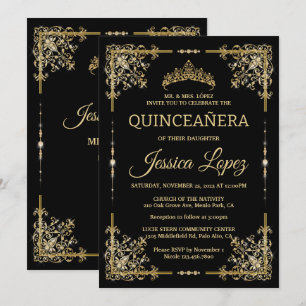 Elegantes Luxuriöses Gold und Black Quinceanera Einladung