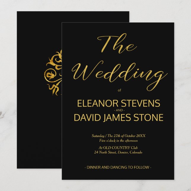 Elegantes luxuriöses Schwarz-Gold-Hochzeitsskript Einladung (Vorne/Hinten)