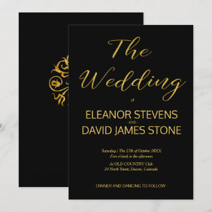 Elegantes luxuriöses Schwarz-Gold-Hochzeitsskript Einladung