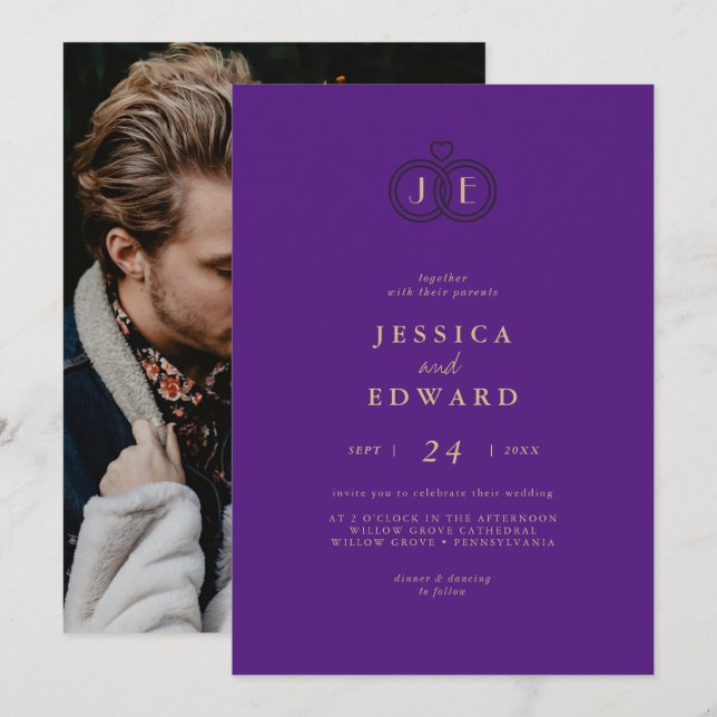 Elegantes Luxury Eggplant Monogram Foto Wedding Einladung (Vorne/Hinten)