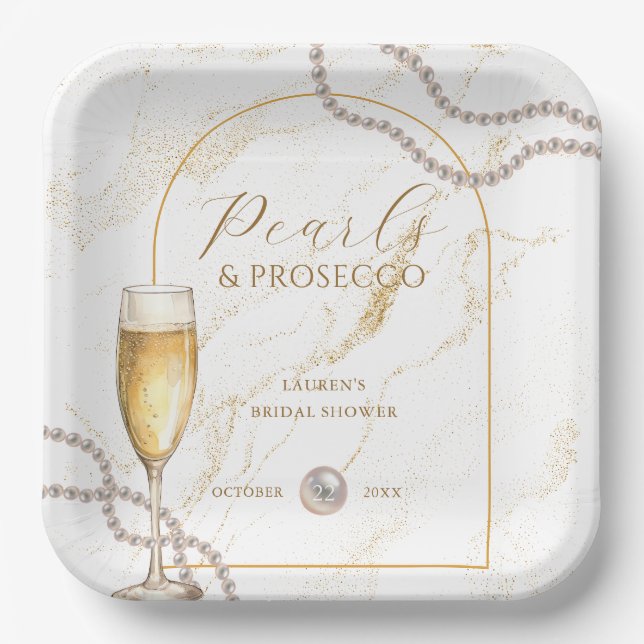 Elegantes Luxus Perlen und Prosecco Brautparty Pappteller (Vorderseite)