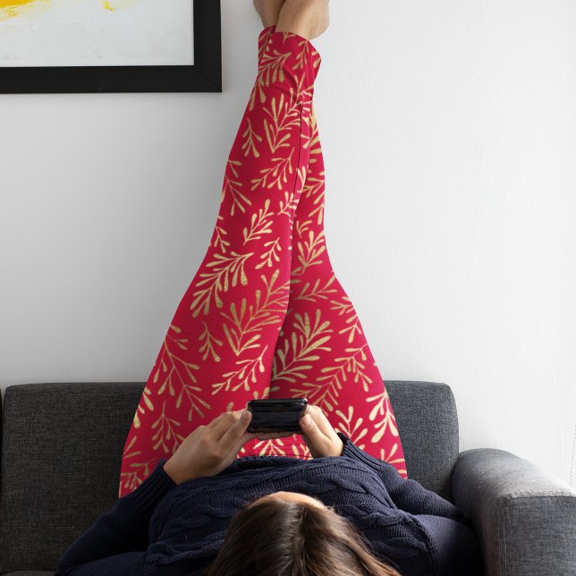 Elegantes Luxus Red Gold Leaf Muster Leggings (Von Creator hochgeladen)