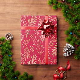 Elegantes Luxus Red Gold Leaf Muster Weihnachten Geschenkpapier