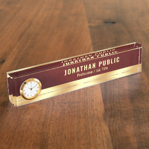 Elegantes Luxus-Schreibtisch-Schild mit Uhr in Gol Namensplakette