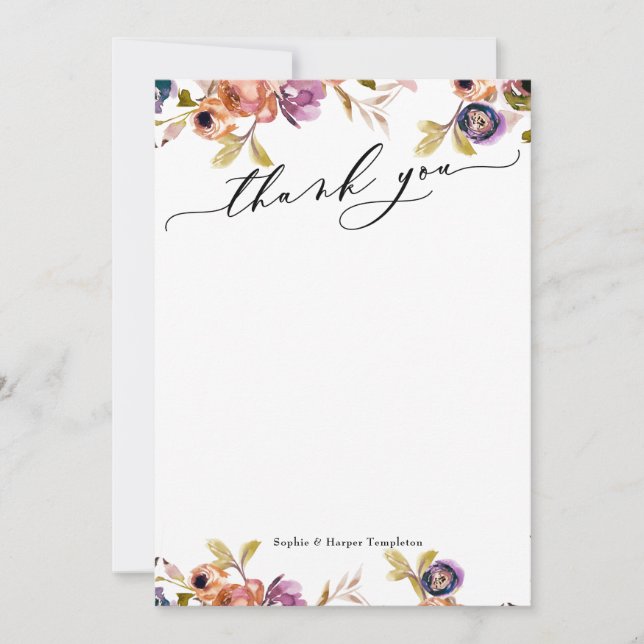 Elegantes Luxus-Script Lila & Orange Boho Floral Dankeskarte (Vorderseite)