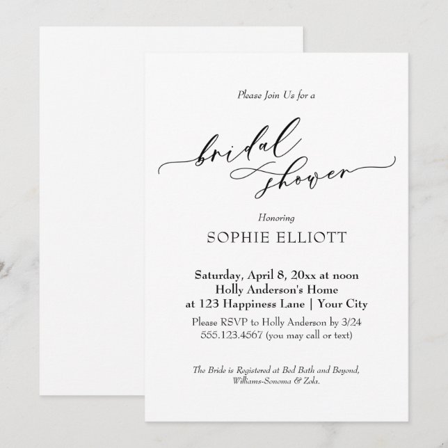 Elegantes Luxus Typografie Brautparty Einfach Einladung (Vorne/Hinten)