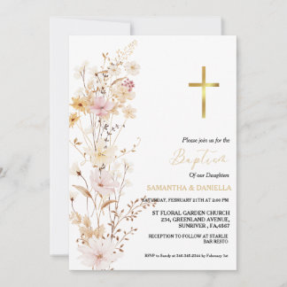 Elegantes Mädchen mit Wildblumen, Doppel-Taufe Einladung