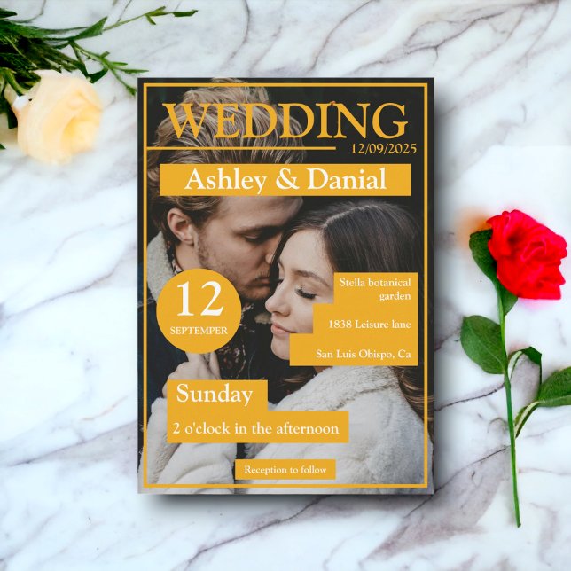 Elegantes Magazin Cover Yellow Modern Foto Wedding Einladung (Von Creator hochgeladen)