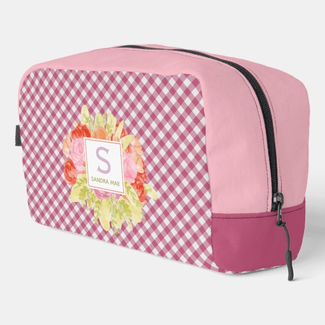 Elegantes Magenta-Rot-Rosa-Gingham-Karomuster Waschbeutel (Rechte Ecke)