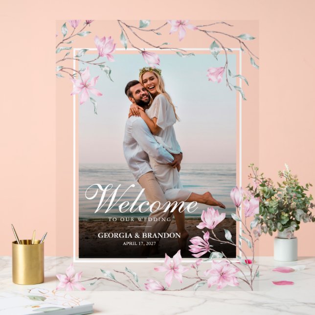 Elegantes Magnolia Foto Hochzeit Willkommen Acrylschild (Hochzeit)