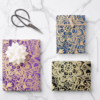 Elegantes Mandala Muster Lila Blue Black Geschenkpapier Set