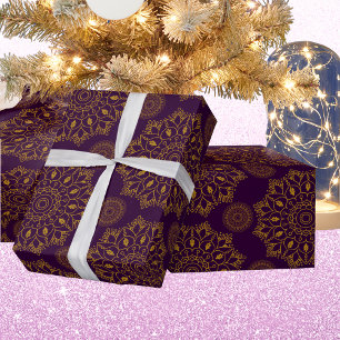 Elegantes Mandala-Muster lila Golddiwali Geschenkpapier