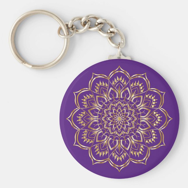 Elegantes Mandala-Muster Lila und Gold Schlüsselanhänger (Vorne)