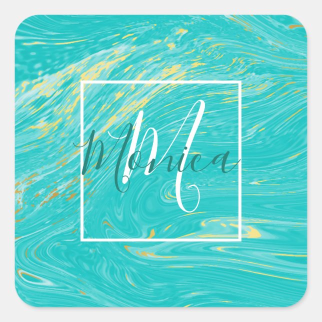 Elegantes Marble Luxus-Blau-Gold-Monogramm-Design Quadratischer Aufkleber (Vorderseite)