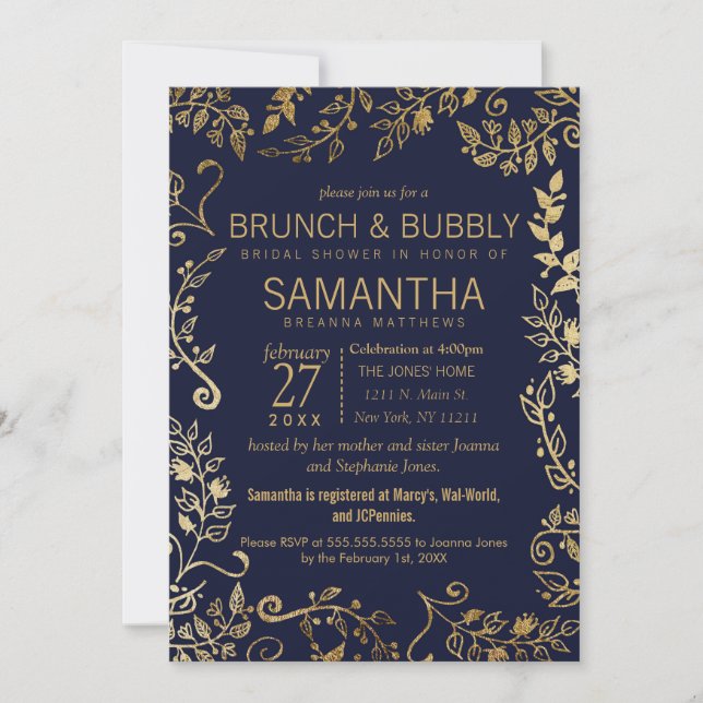 Elegantes Marine-Blau-GoldblumenBrunch sprudelnd Einladung (Vorderseite)