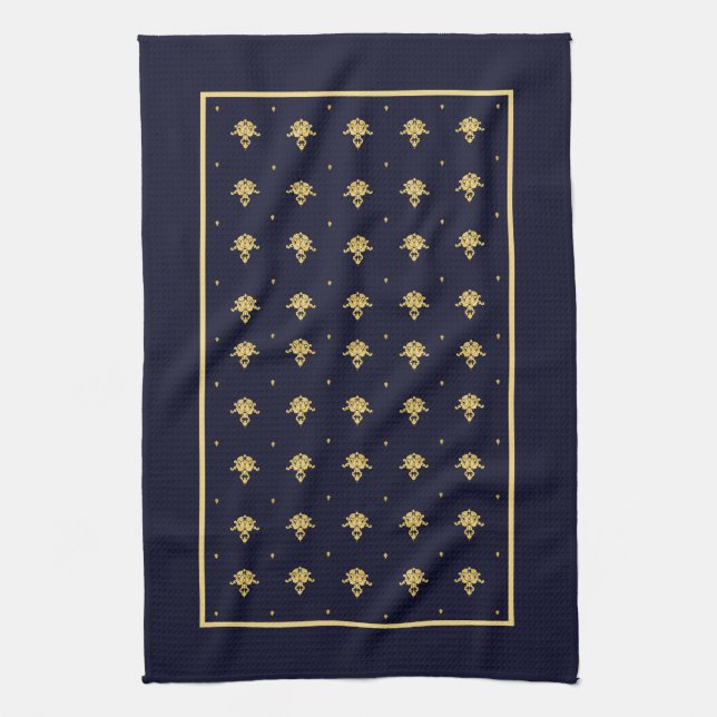 Elegantes Marine-Blau und Golddamast Handtuch (Vertikal)