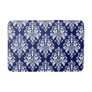 Elegantes Marine-Blau-und Weiß-Damast-Muster Badematte