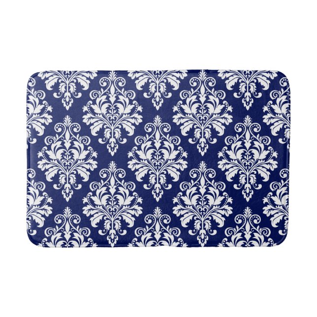 Elegantes Marine-Blau-und Weiß-Damast-Muster Badematte (Vorderseite)