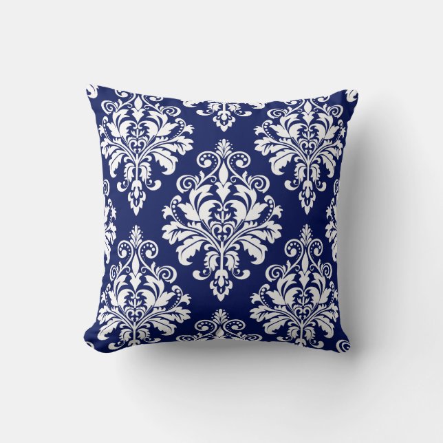 Elegantes Marine-Blau-und Weiß-Damast-Muster Kissen (Vorderseite)