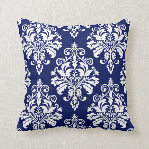 Elegantes Marine-Blau-und Weiß-Damast-Muster Kissen