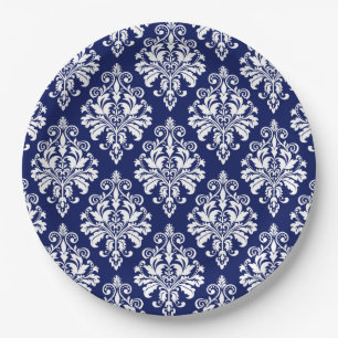 Elegantes Marine-Blau-und Weiß-Damast-Muster Pappteller